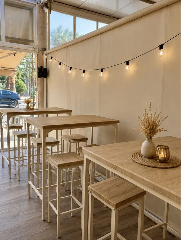 Terraza cubierta con mesas altas de madera y guirnalda de luces
